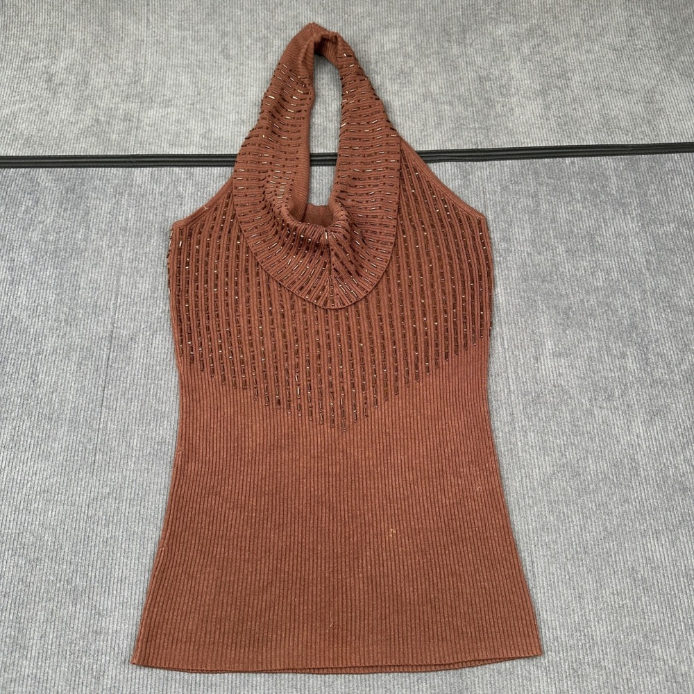 Magazine Brown Beaded Halter Neck Cowl Top Ribbed Knit MG8020 Mens XL